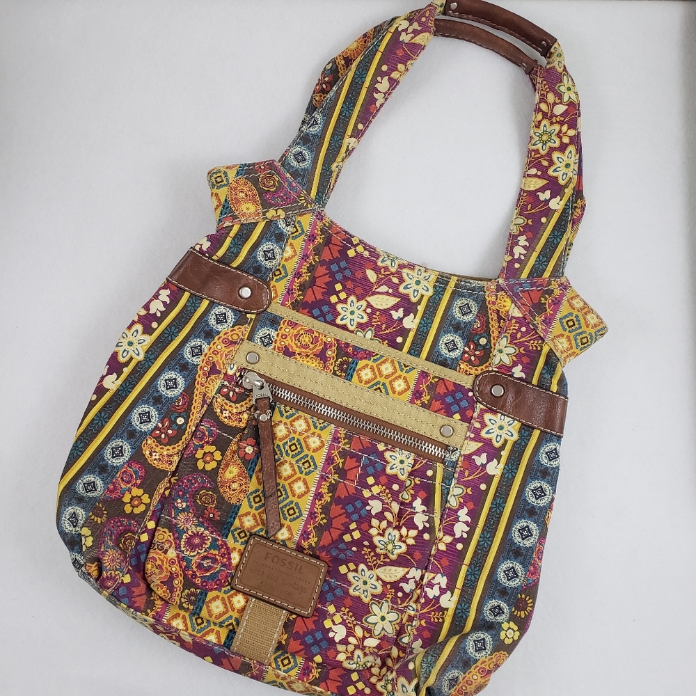 Fossil Long Live Vintage Floral Canvas/Denim Shoulder Bag